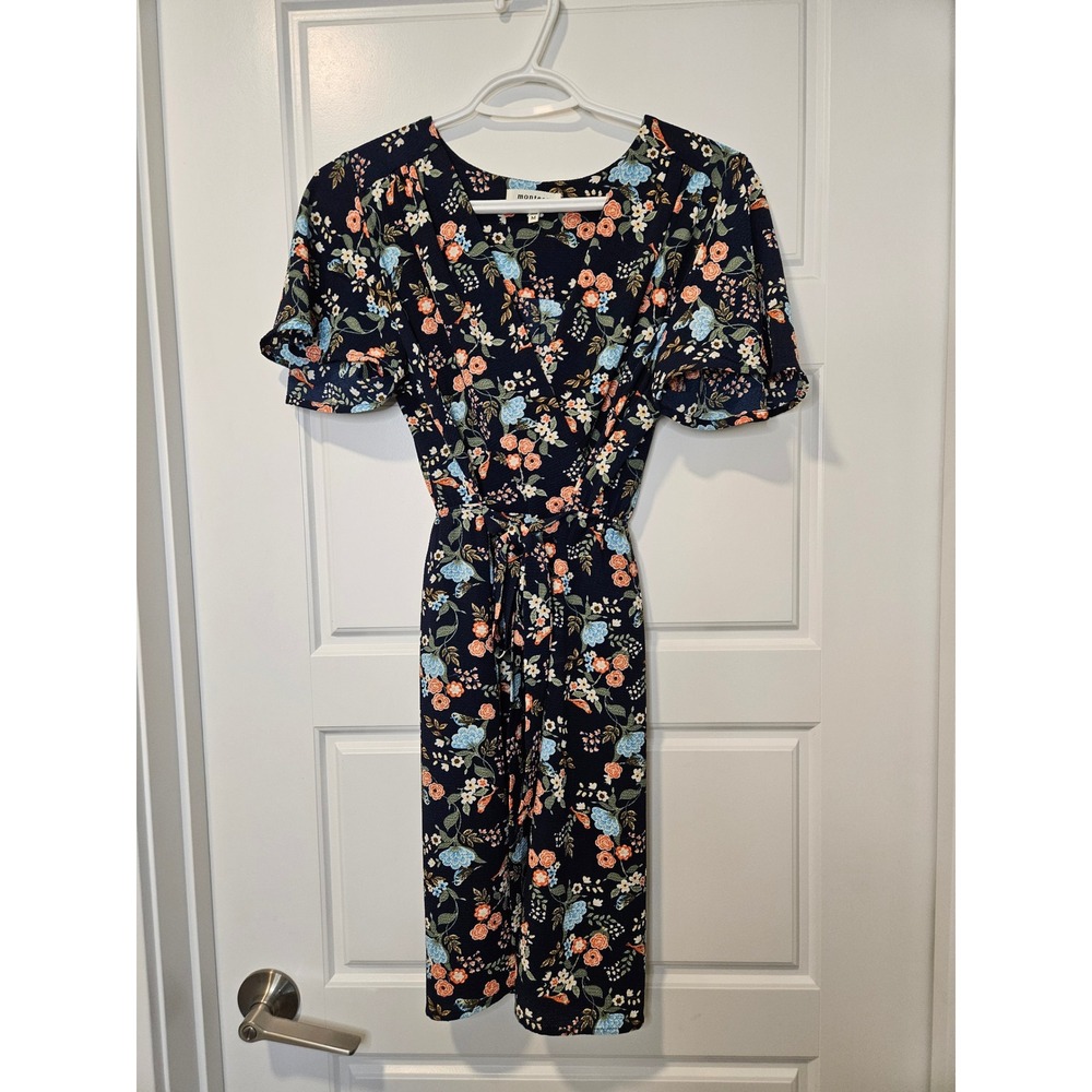 Monteau Los Angeles Navy Blue Floral Wrap Dress Flutter Sleeve 58961A Womens M